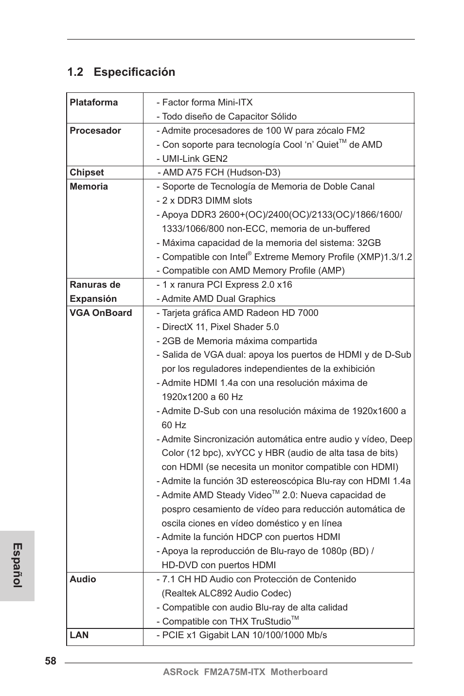 2 especificación, Español | ASRock FM2A75M-ITX User Manual | Page 58 / 146