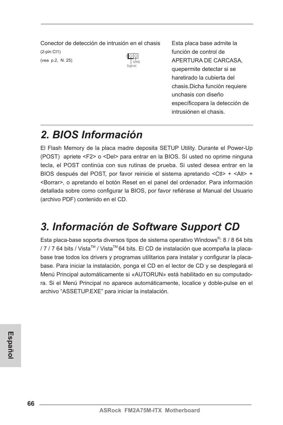 Bios información, Información de software support cd, Español | ASRock FM2A75M-ITX User Manual | Page 66 / 146