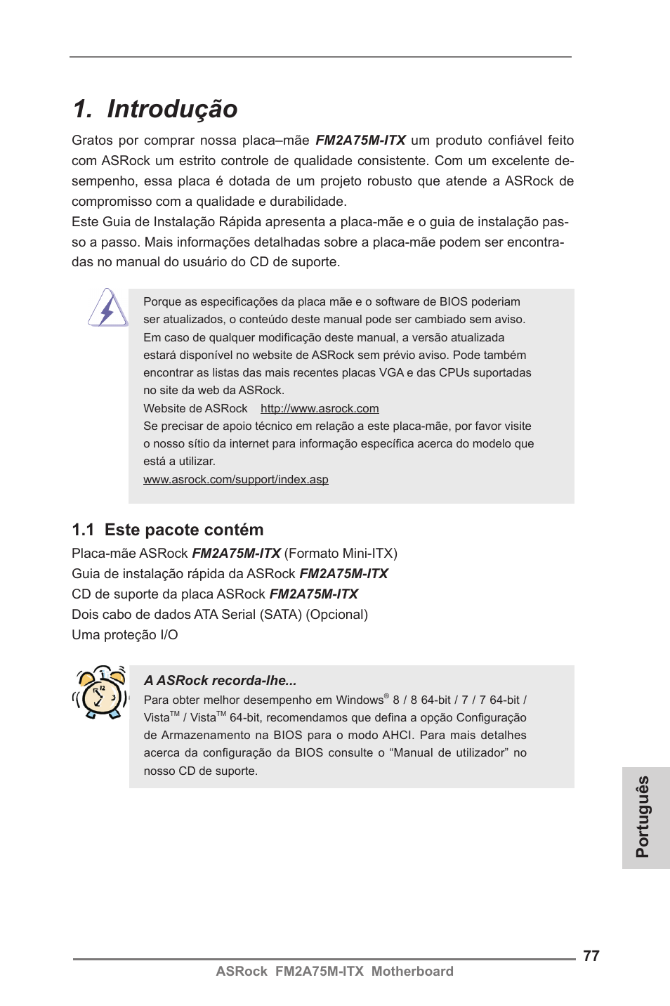 Portuguese, Introdução, Português | 1 este pacote contém | ASRock FM2A75M-ITX User Manual | Page 77 / 146