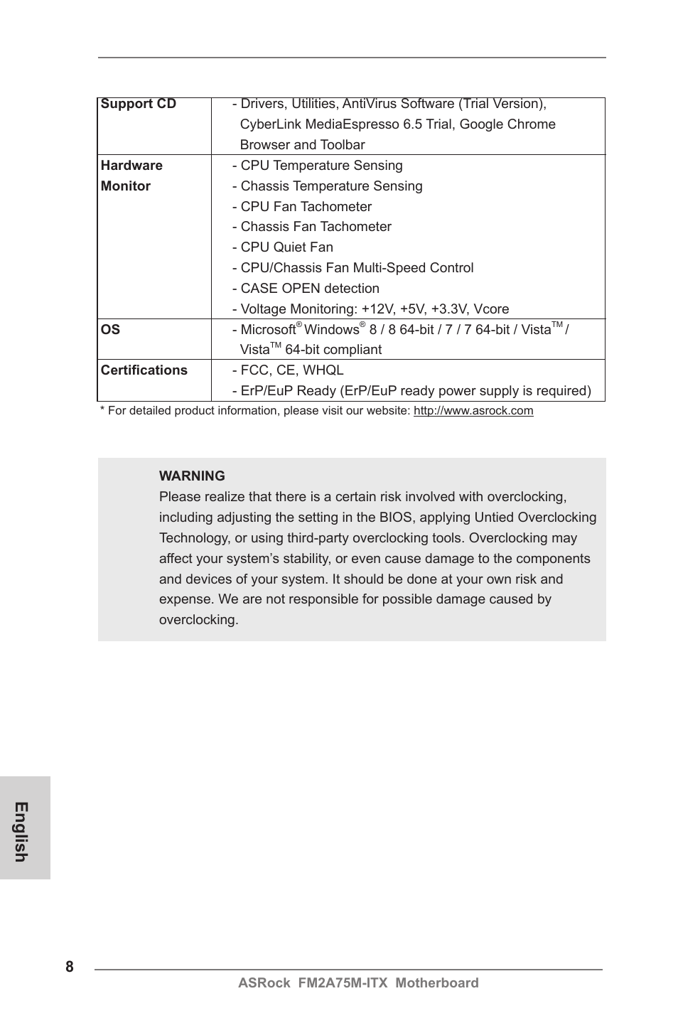 English | ASRock FM2A75M-ITX User Manual | Page 8 / 146