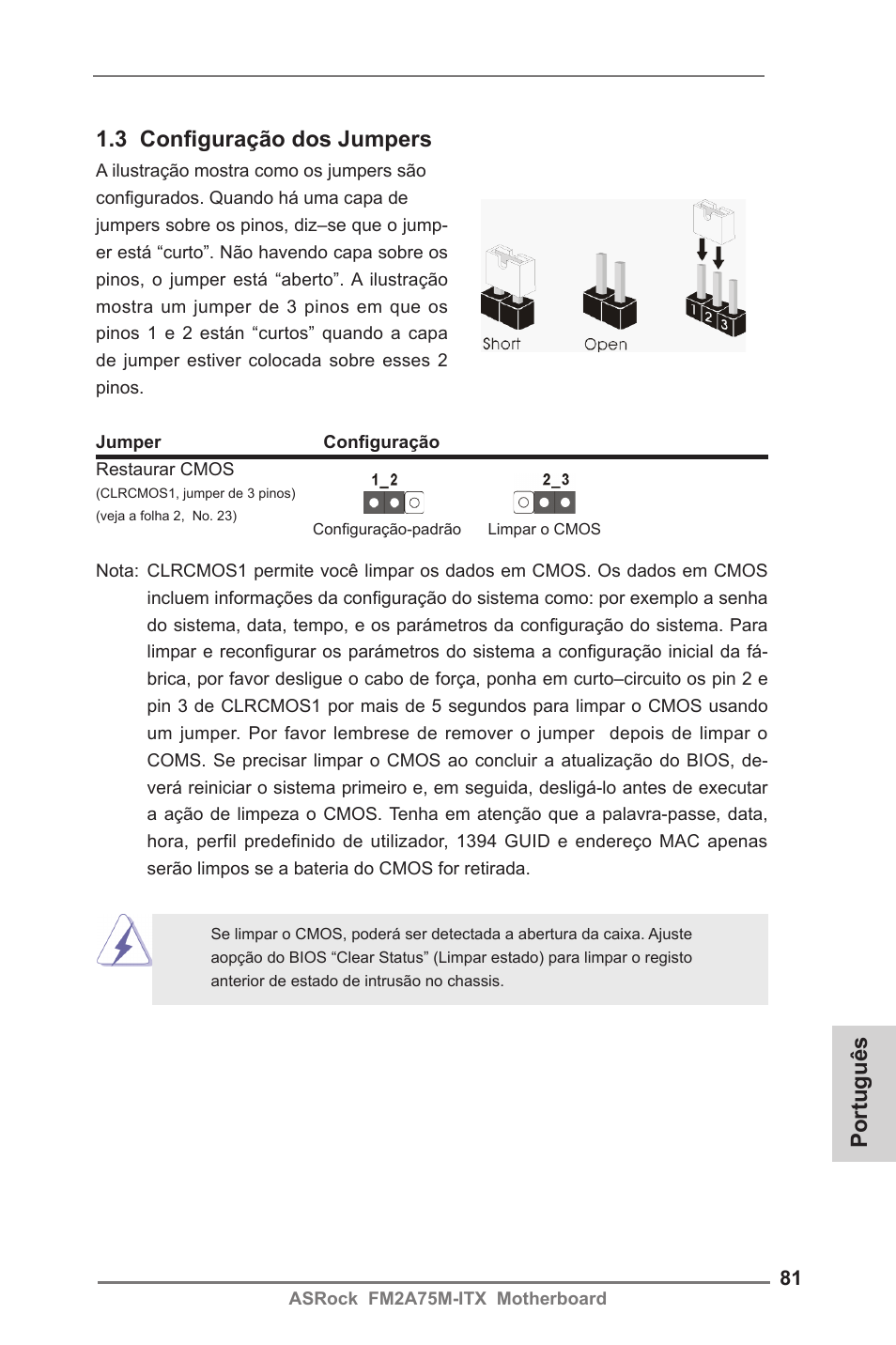 Português 1.3 configuração dos jumpers | ASRock FM2A75M-ITX User Manual | Page 81 / 146