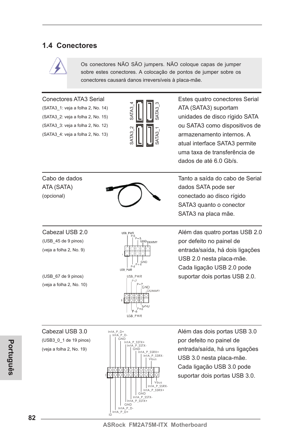 Português, 4 conectores | ASRock FM2A75M-ITX User Manual | Page 82 / 146