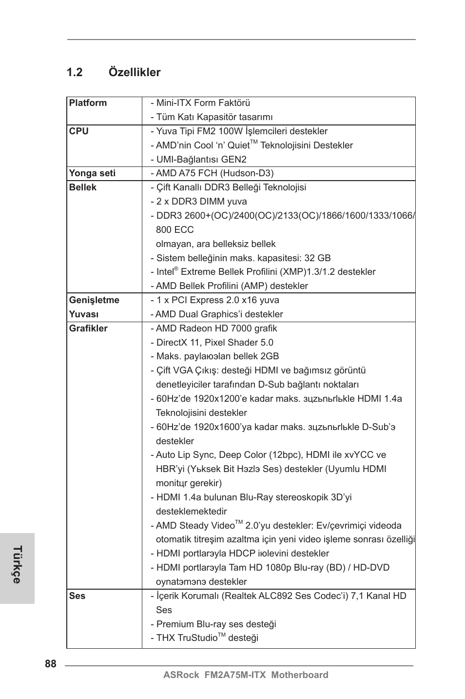 Türkçe 1.2 özellikler | ASRock FM2A75M-ITX User Manual | Page 88 / 146