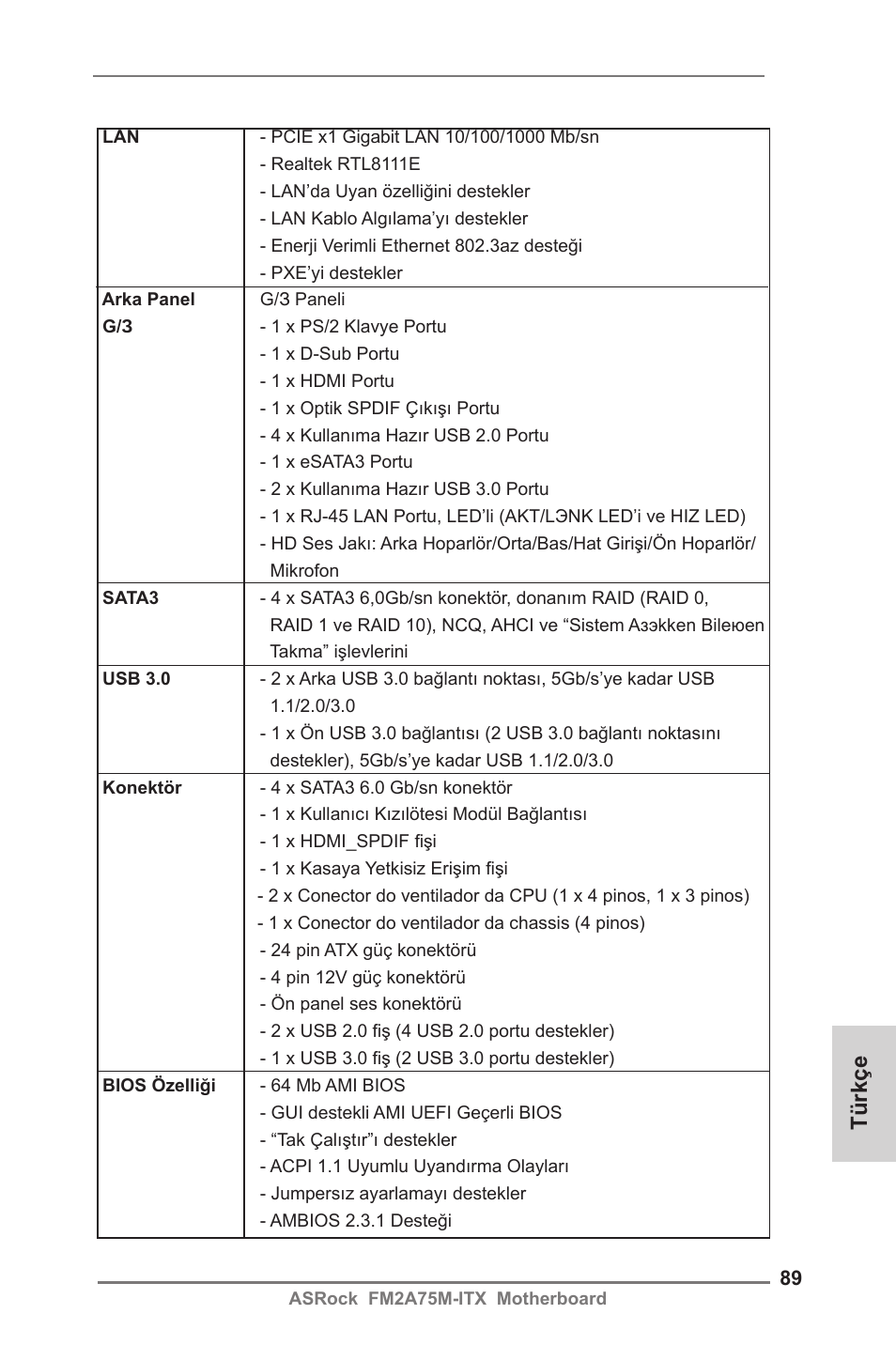 Türkçe | ASRock FM2A75M-ITX User Manual | Page 89 / 146