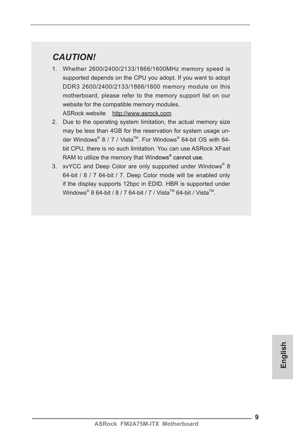 Caution, English | ASRock FM2A75M-ITX User Manual | Page 9 / 146