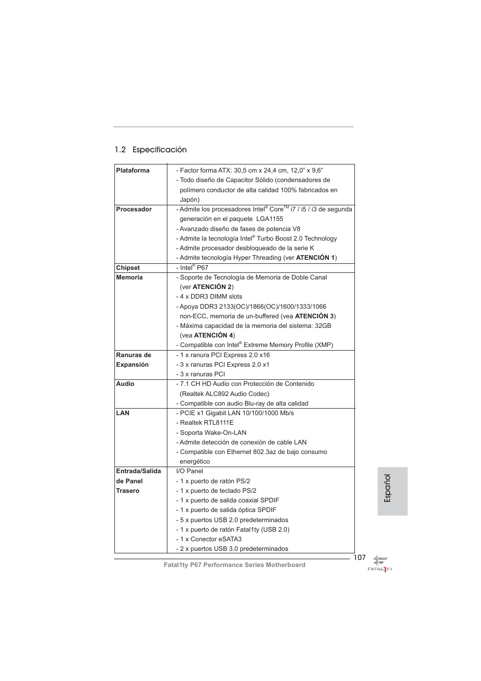 2 especificación, Español | ASRock Fatal1ty P67 Performance User Manual | Page 107 / 266