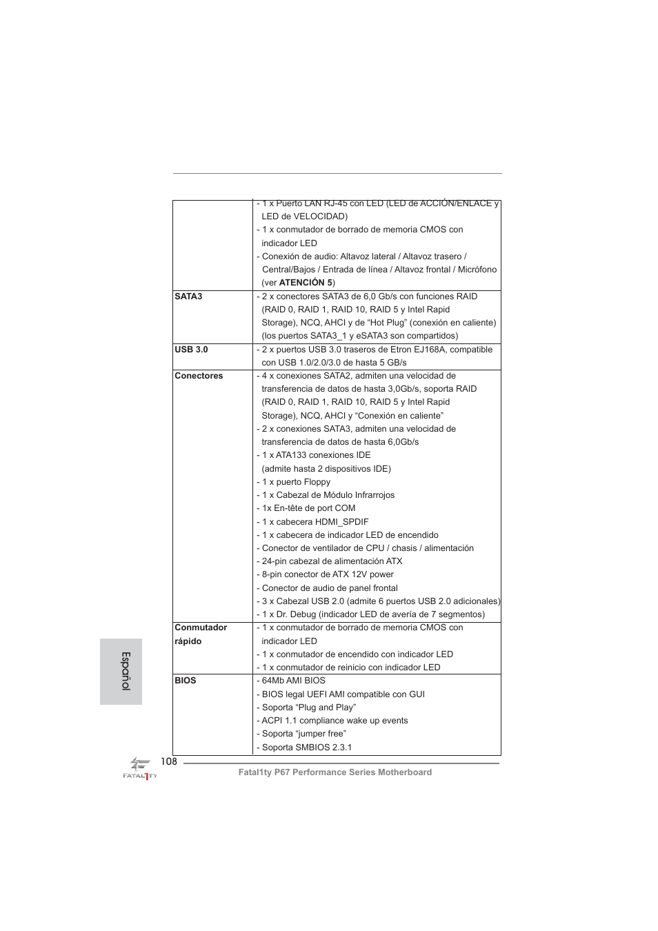 Español | ASRock Fatal1ty P67 Performance User Manual | Page 108 / 266