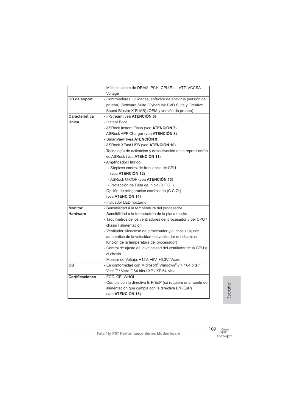 Español | ASRock Fatal1ty P67 Performance User Manual | Page 109 / 266