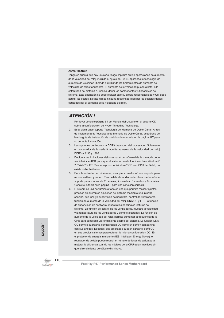 Atención, Español | ASRock Fatal1ty P67 Performance User Manual | Page 110 / 266