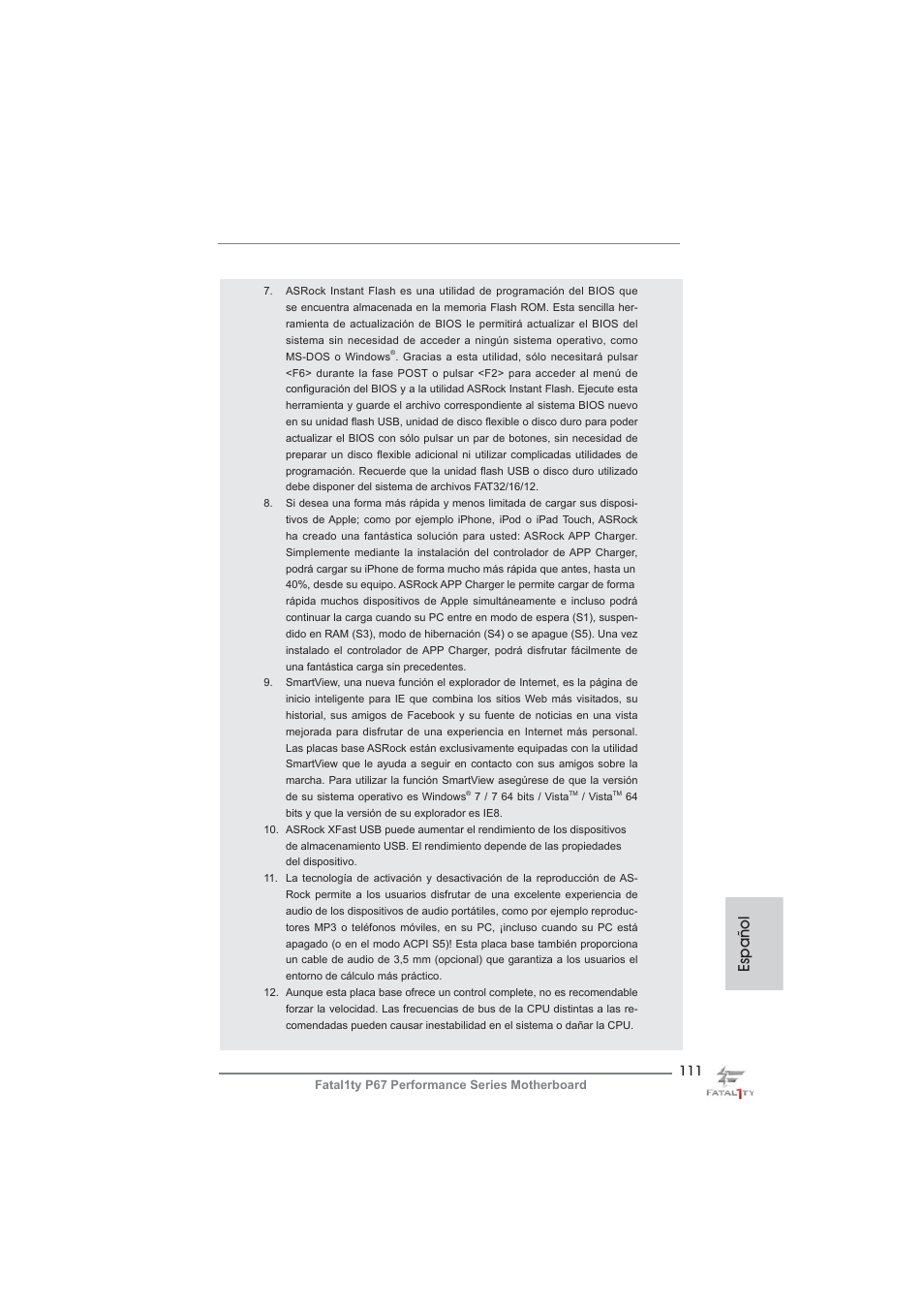 Español | ASRock Fatal1ty P67 Performance User Manual | Page 111 / 266