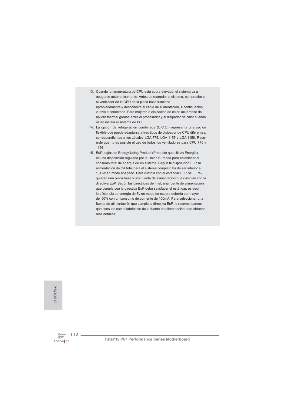 Español | ASRock Fatal1ty P67 Performance User Manual | Page 112 / 266