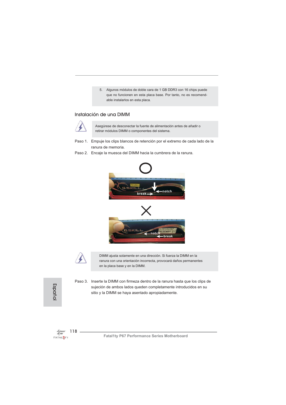 Español instalación de una dimm | ASRock Fatal1ty P67 Performance User Manual | Page 118 / 266