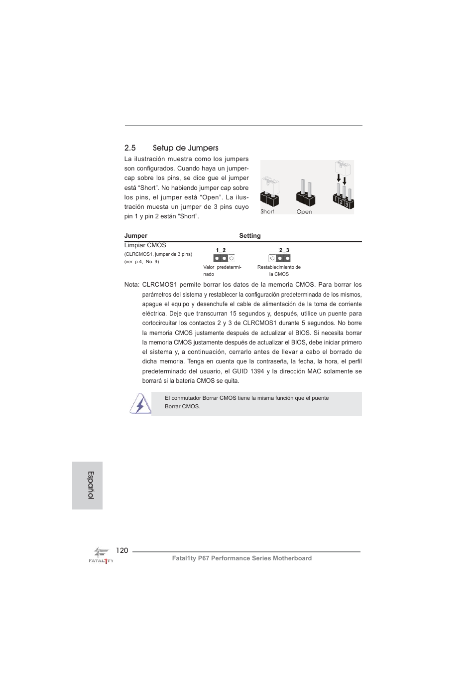 5 setup de jumpers, Español | ASRock Fatal1ty P67 Performance User Manual | Page 120 / 266