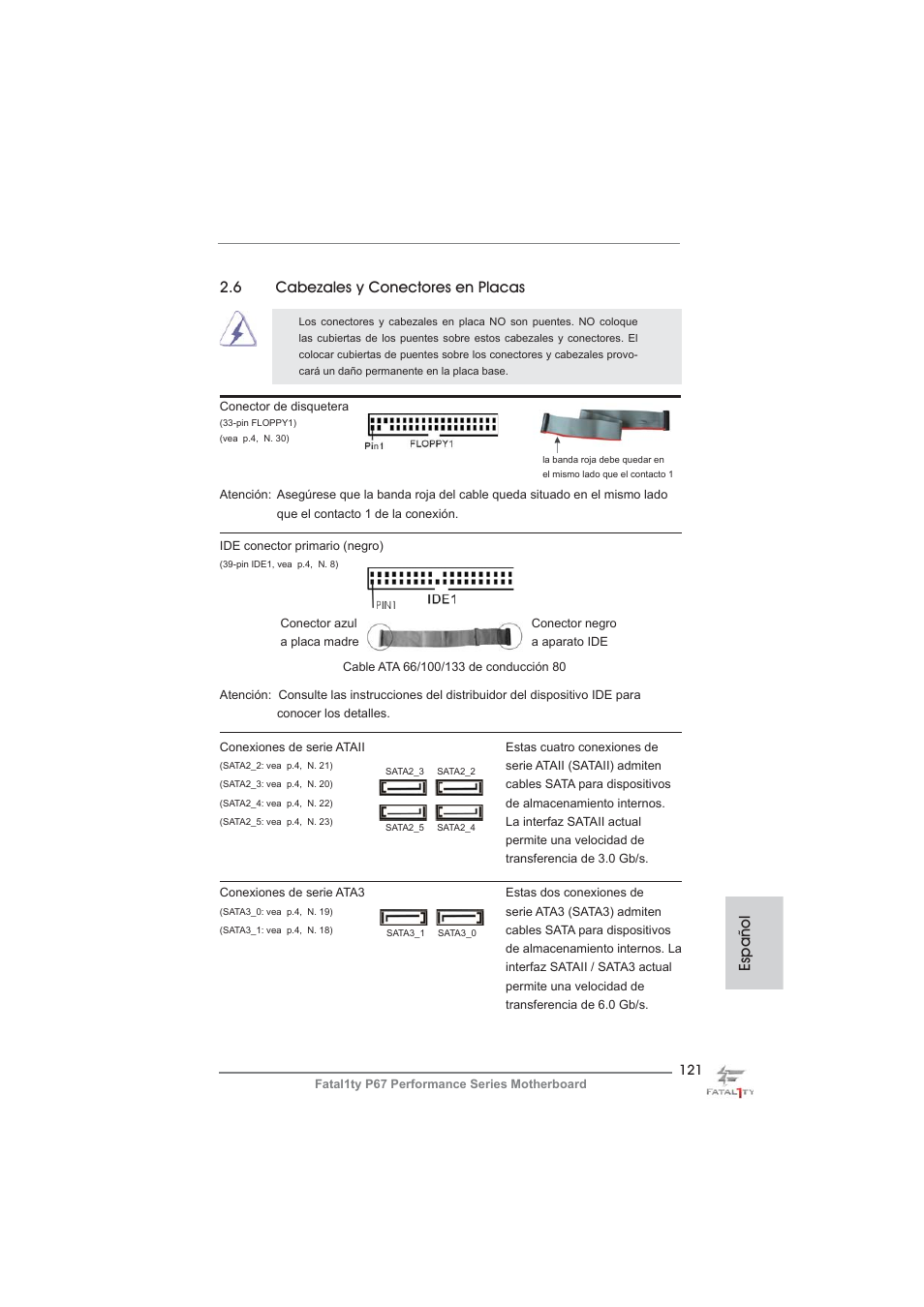 6 cabezales y conectores en placas, Español | ASRock Fatal1ty P67 Performance User Manual | Page 121 / 266