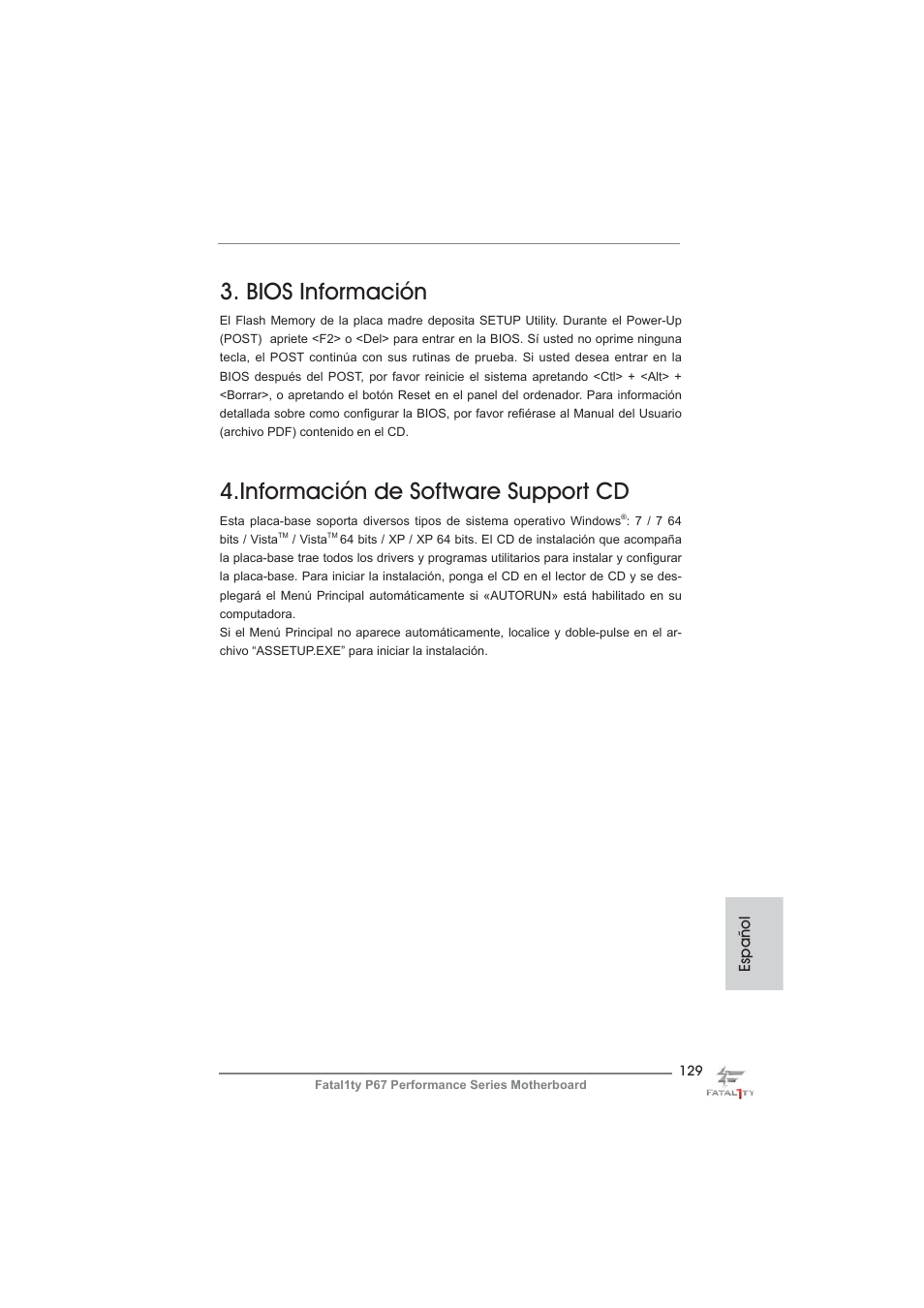Bios información, Información de software support cd | ASRock Fatal1ty P67 Performance User Manual | Page 129 / 266