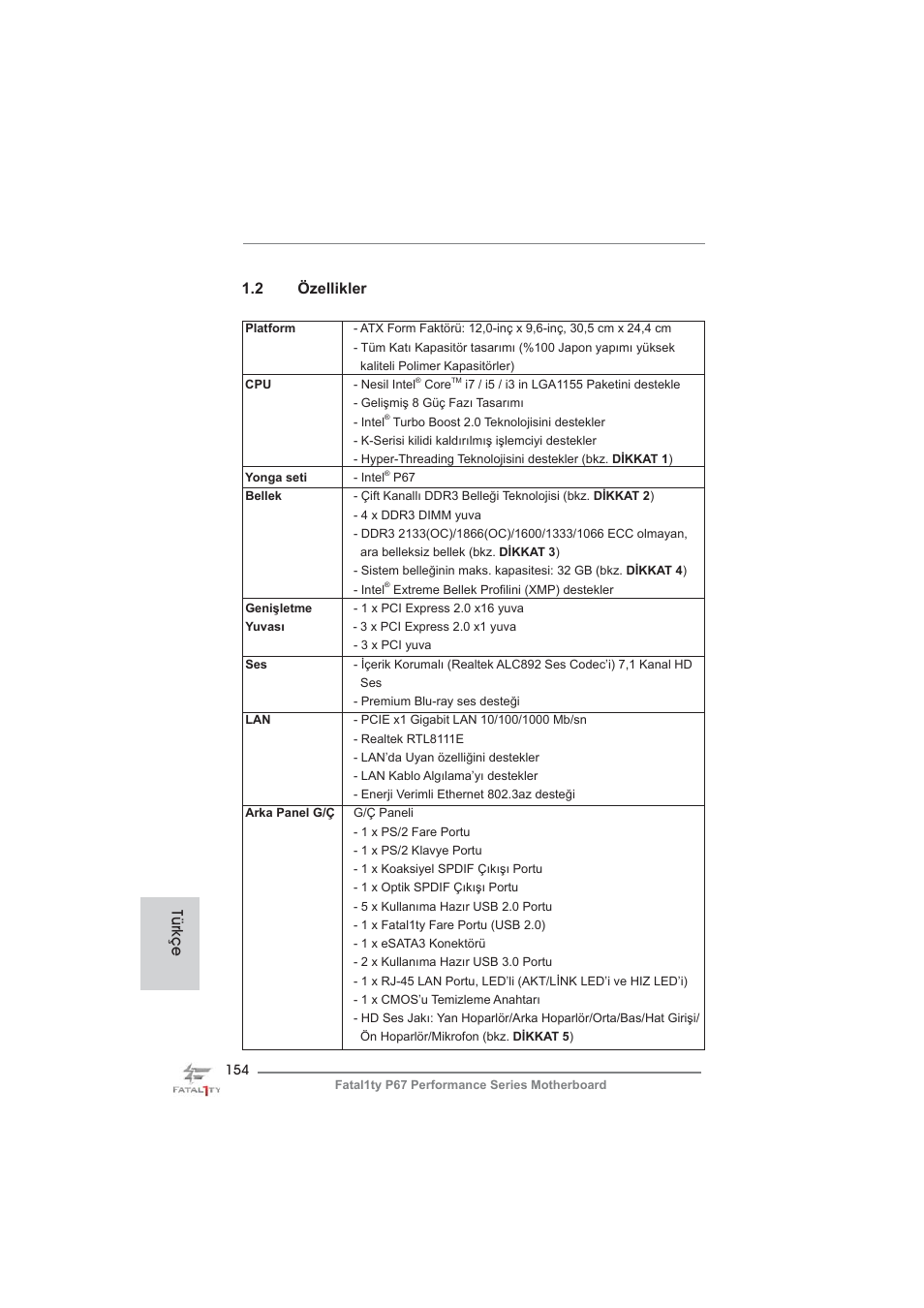 2 özellikler, Türkçe | ASRock Fatal1ty P67 Performance User Manual | Page 154 / 266
