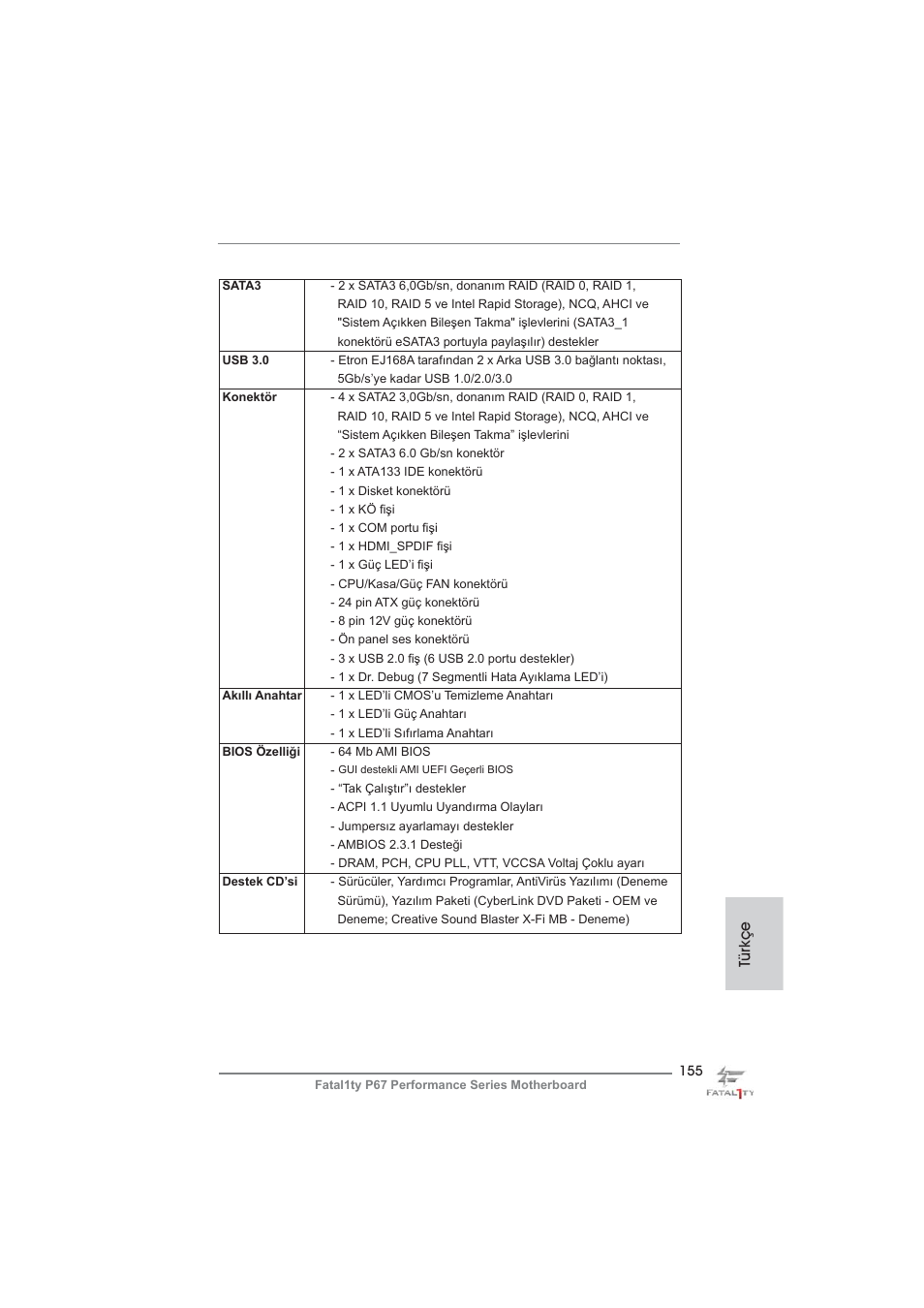 Türkçe | ASRock Fatal1ty P67 Performance User Manual | Page 155 / 266