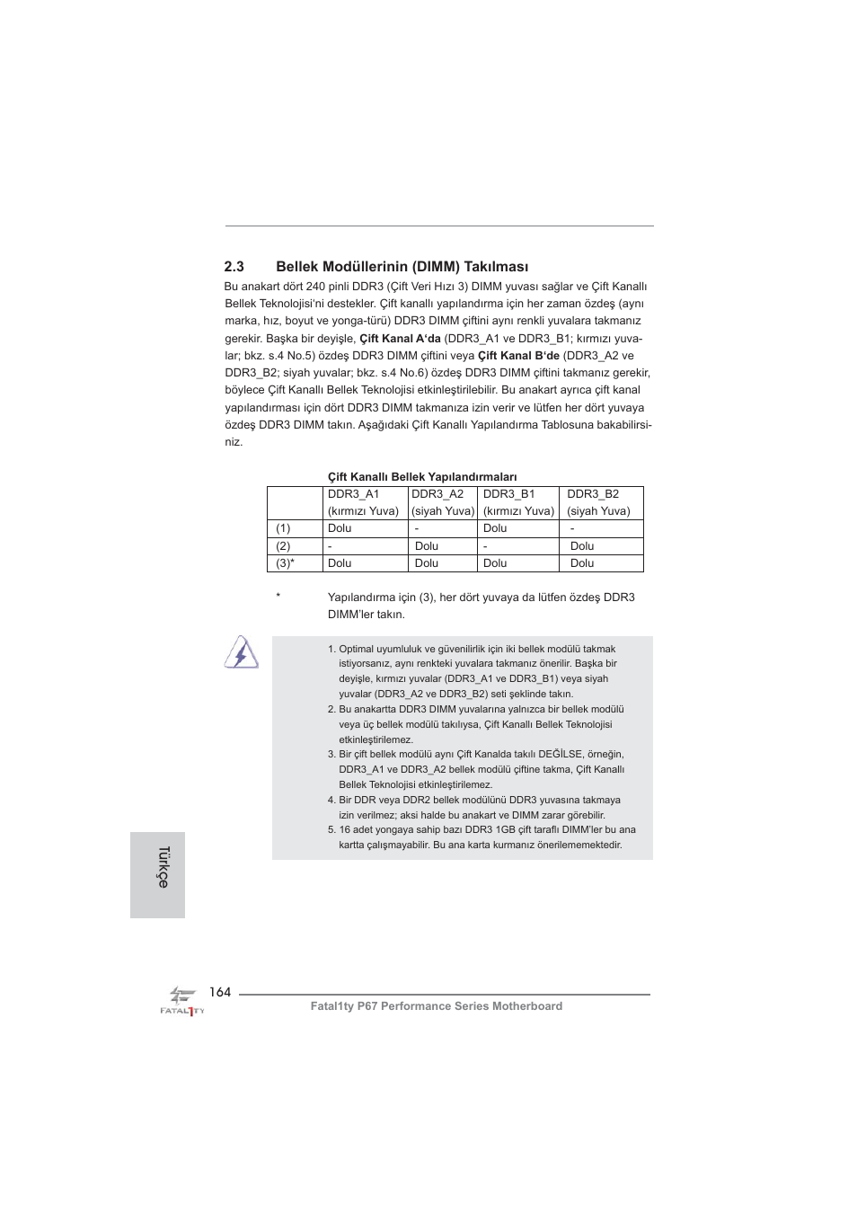 Türkçe 2.3 bellek modüllerinin (dimm) takılması | ASRock Fatal1ty P67 Performance User Manual | Page 164 / 266