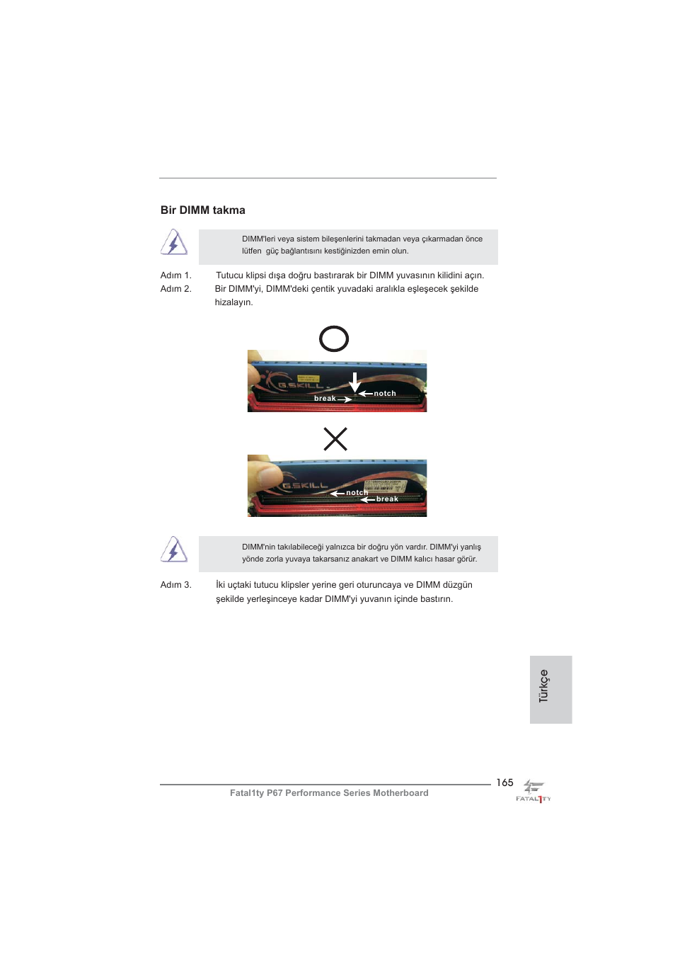 Türkçe bir dimm takma | ASRock Fatal1ty P67 Performance User Manual | Page 165 / 266