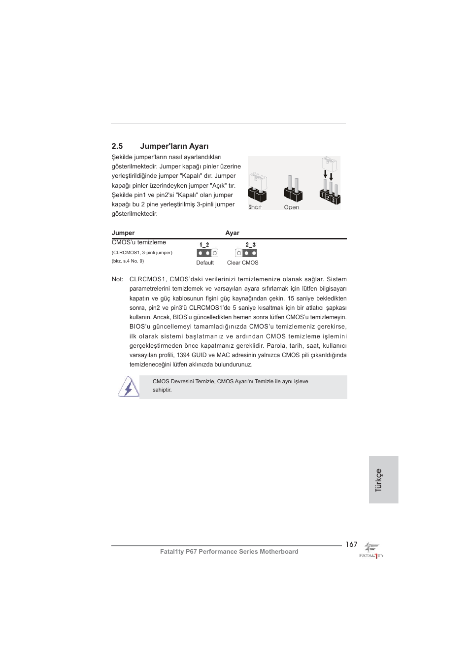 5 jumper'ların ayarı, Türkçe | ASRock Fatal1ty P67 Performance User Manual | Page 167 / 266