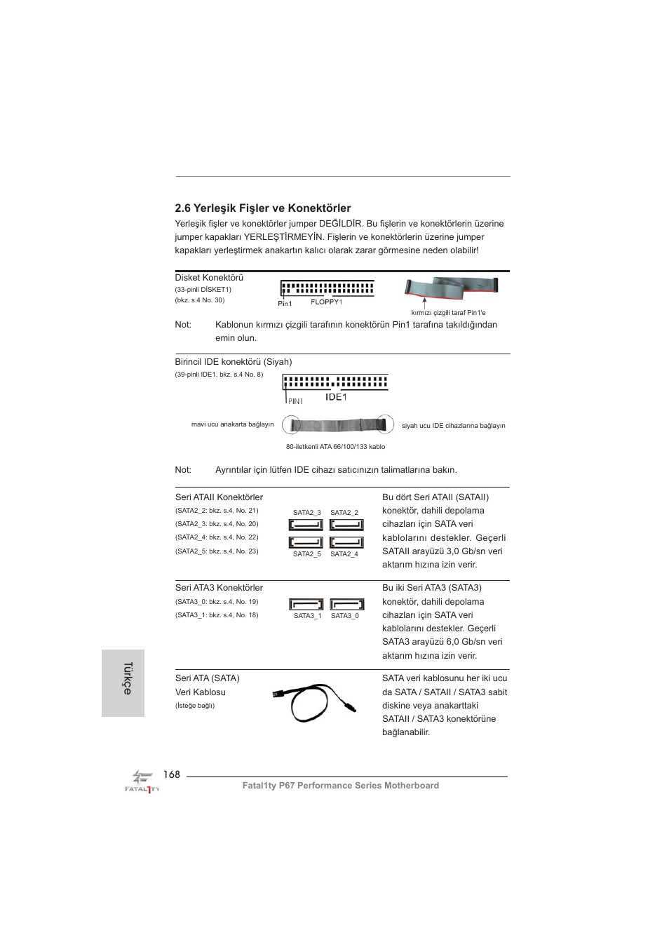 6 yerleşik fişler ve konektörler, Türkçe | ASRock Fatal1ty P67 Performance User Manual | Page 168 / 266