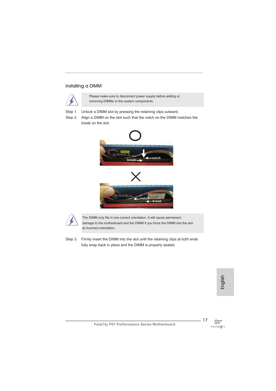 English installing a dimm | ASRock Fatal1ty P67 Performance User Manual | Page 17 / 266
