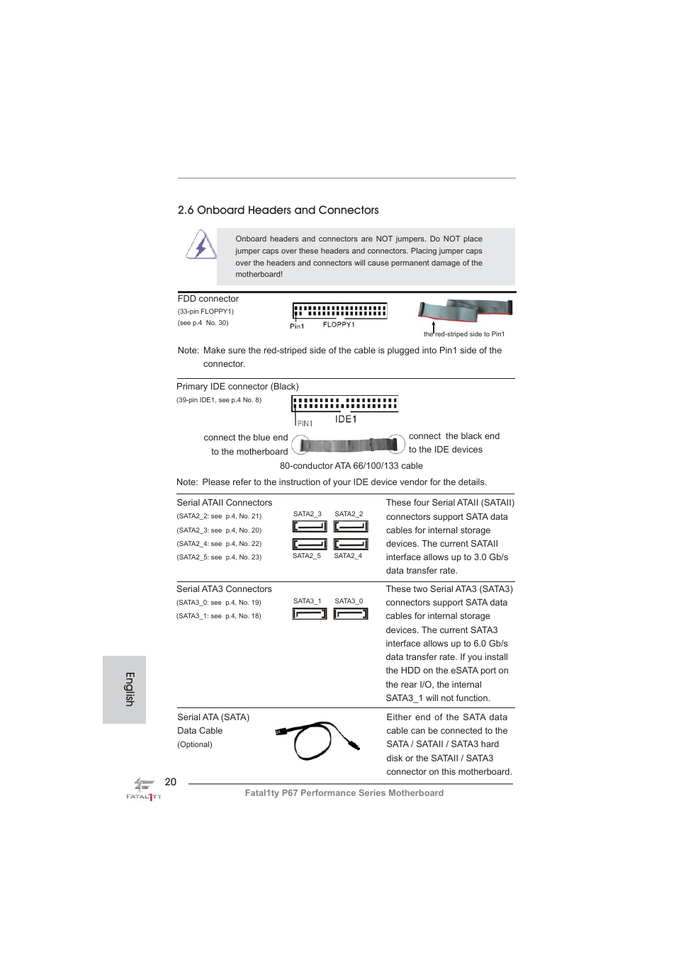 English, 6 onboard headers and connectors | ASRock Fatal1ty P67 Performance User Manual | Page 20 / 266