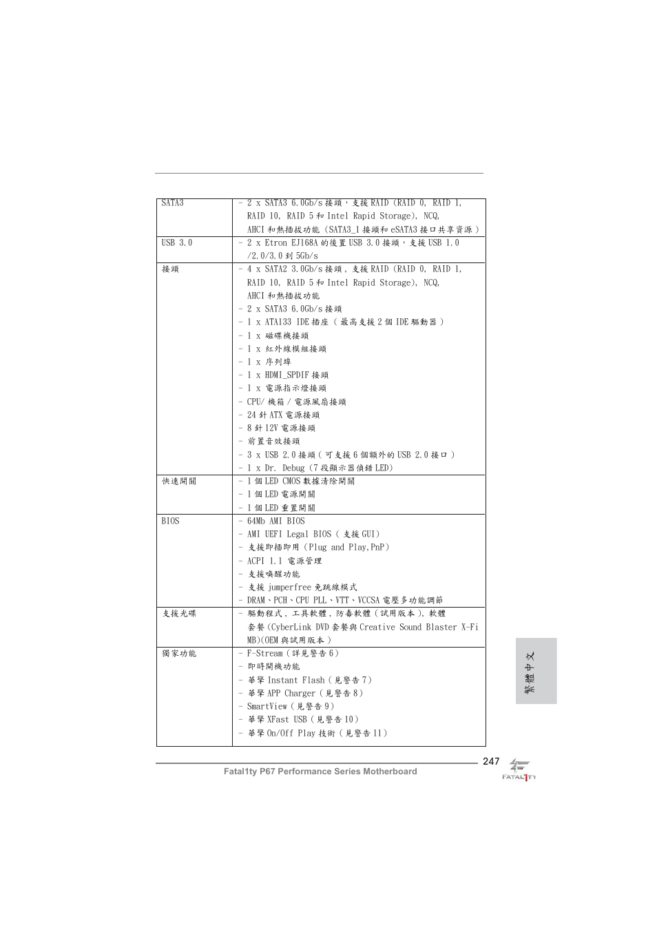 繁體中文 | ASRock Fatal1ty P67 Performance User Manual | Page 247 / 266