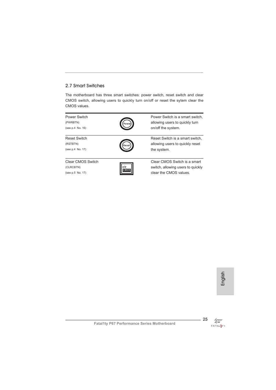 English, 7 smart switches | ASRock Fatal1ty P67 Performance User Manual | Page 25 / 266