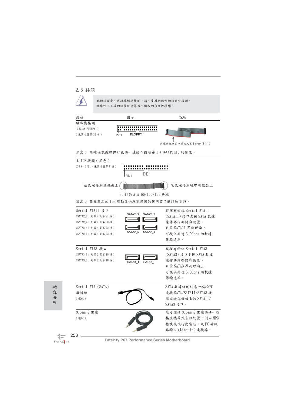 繁體中文, 6 接頭 | ASRock Fatal1ty P67 Performance User Manual | Page 258 / 266