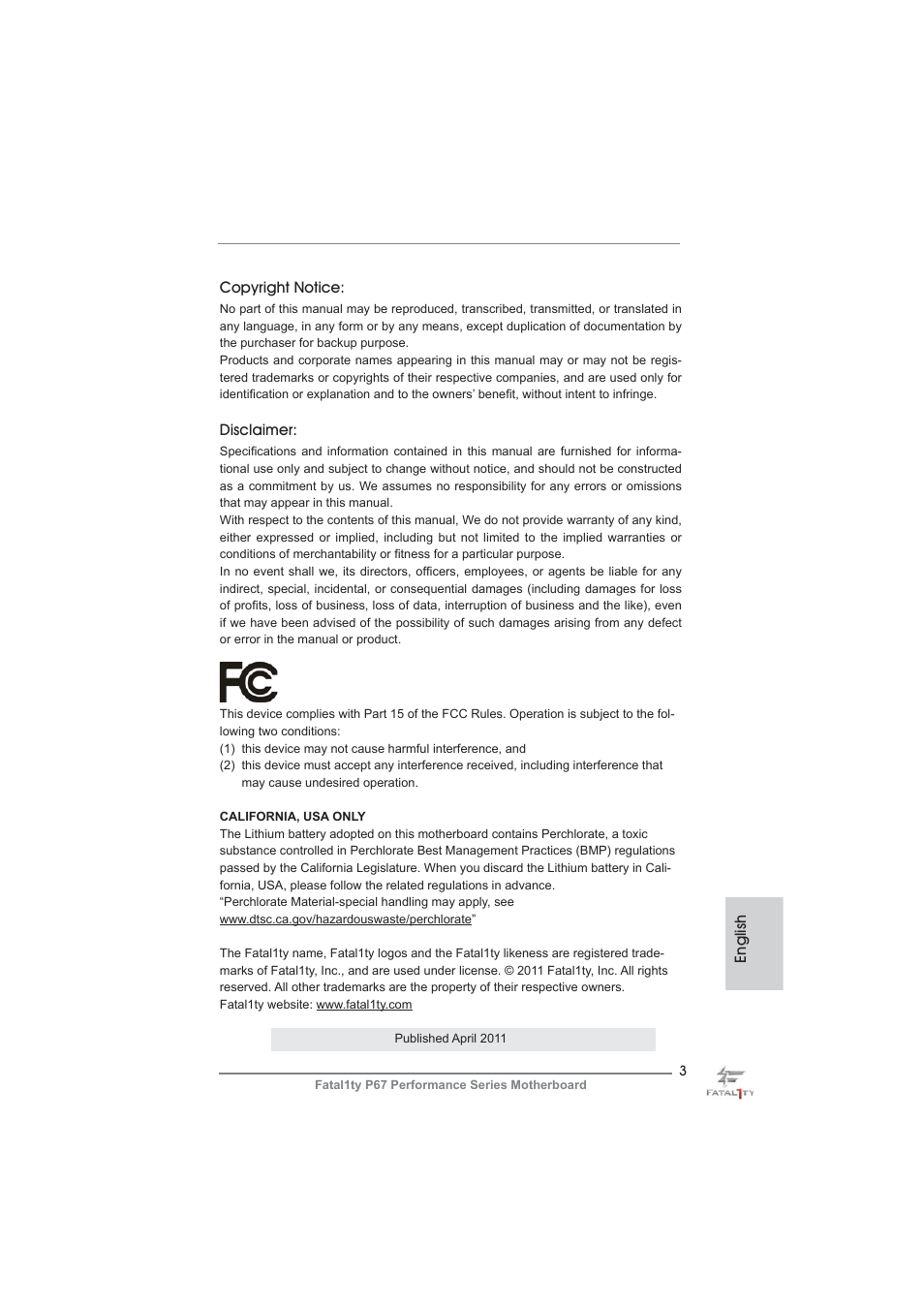 ASRock Fatal1ty P67 Performance User Manual | Page 3 / 266