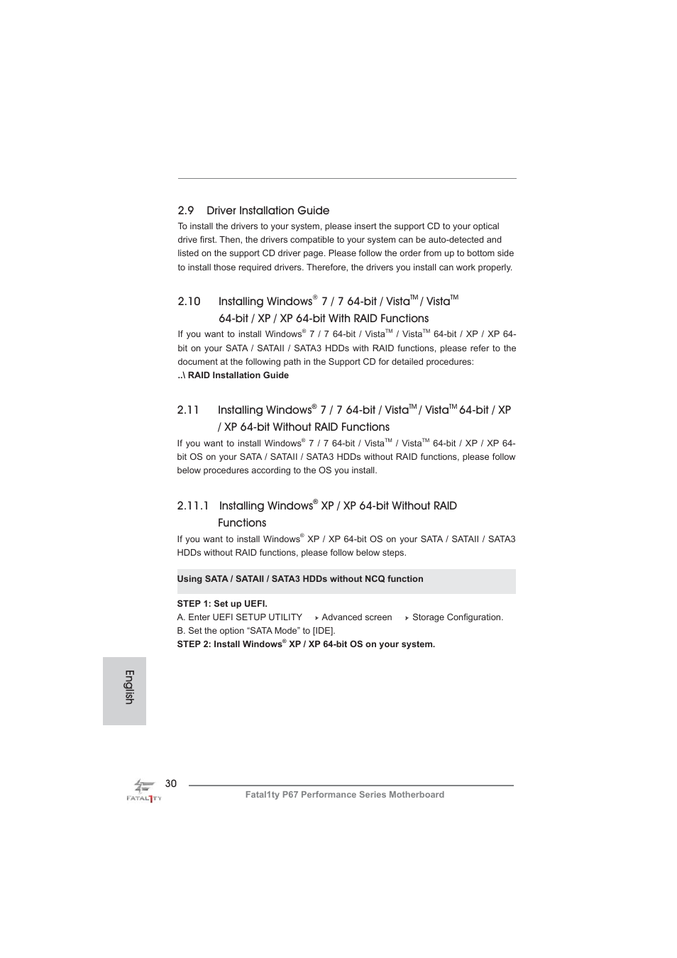 English 2.9 driver installation guide, 10 installing windows, 7 / 7 64-bit / vista | Vista, Bit / xp / xp 64-bit with raid functions, 11 installing windows, Bit / xp / xp 64-bit without raid functions, 1 installing windows, Xp / xp 64-bit without raid functions | ASRock Fatal1ty P67 Performance User Manual | Page 30 / 266