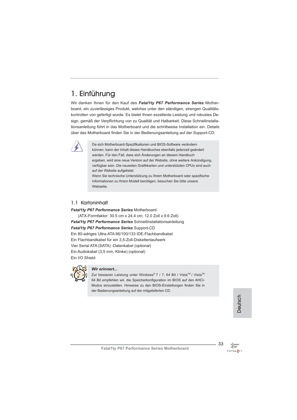 German, Einführung, 1 kartoninhalt | Deutsch | ASRock Fatal1ty P67 Performance User Manual | Page 33 / 266