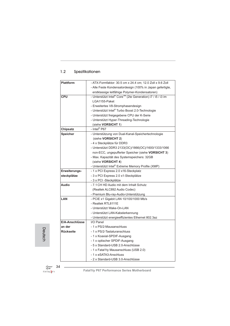 2 spezifikationen, Deutsch | ASRock Fatal1ty P67 Performance User Manual | Page 34 / 266