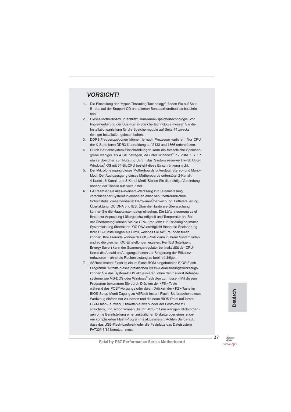 Vorsicht, Deutsch | ASRock Fatal1ty P67 Performance User Manual | Page 37 / 266