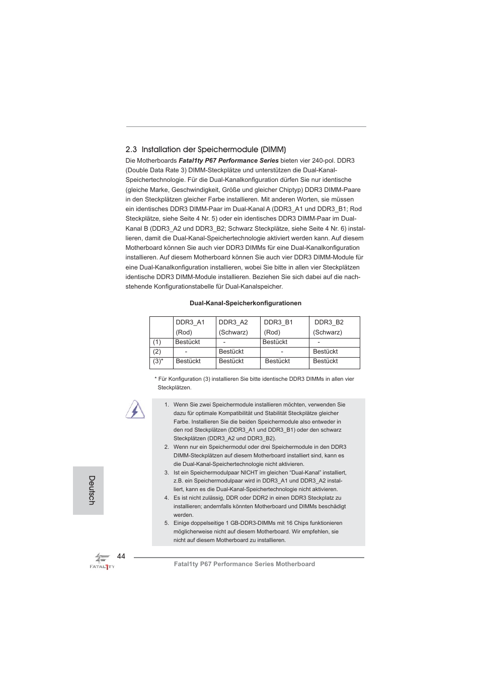 Deutsch 2.3 installation der speichermodule (dimm) | ASRock Fatal1ty P67 Performance User Manual | Page 44 / 266