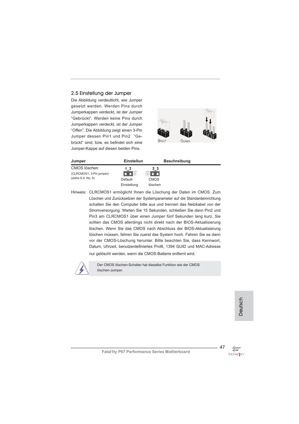 Deutsch 2.5 einstellung der jumper | ASRock Fatal1ty P67 Performance User Manual | Page 47 / 266