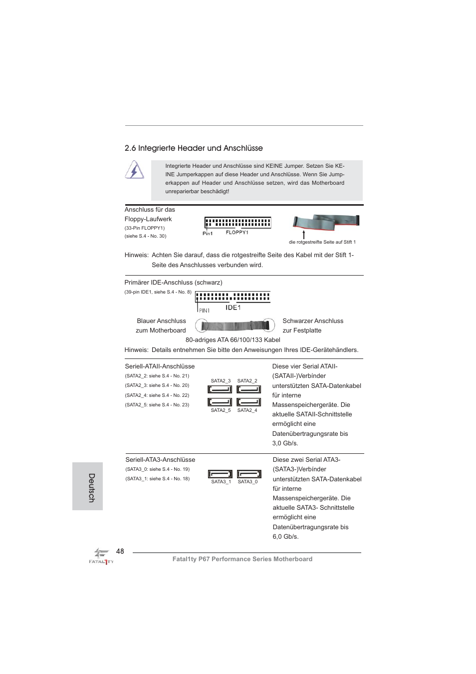 6 integrierte header und anschlüsse, Deutsch | ASRock Fatal1ty P67 Performance User Manual | Page 48 / 266