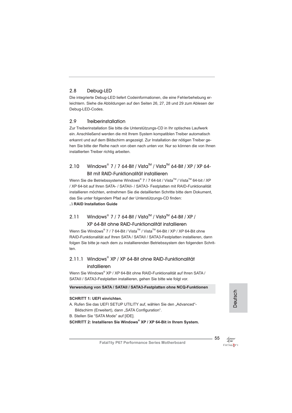 Deutsch 2.9 treiberinstallation, 8 debug-led, 11 windows | 7 / 7 64-bit / vista, Vista, 1 windows, 10 windows | ASRock Fatal1ty P67 Performance User Manual | Page 55 / 266