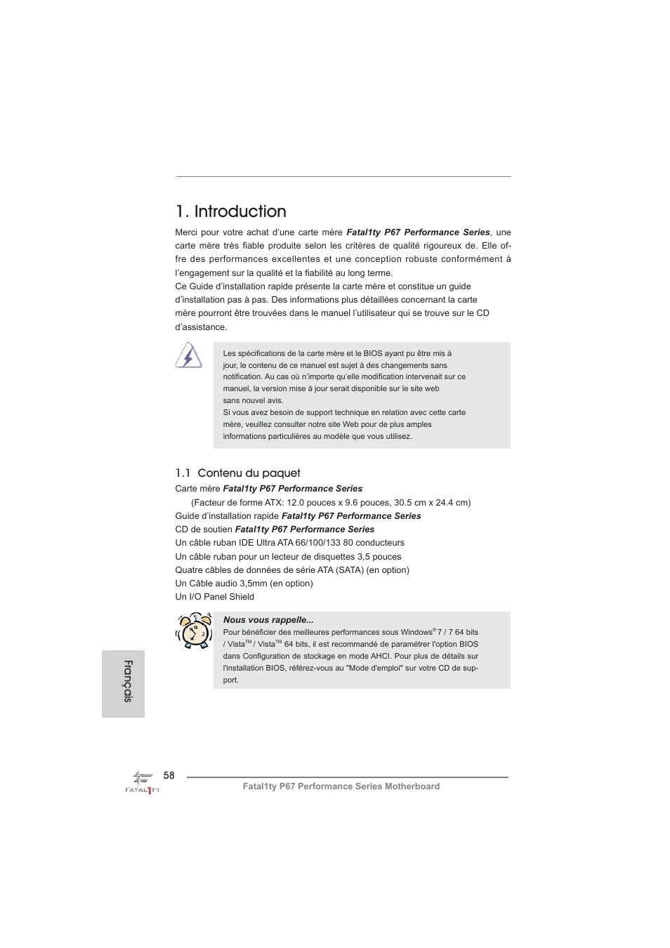 French, Introduction, Français | 1 contenu du paquet | ASRock Fatal1ty P67 Performance User Manual | Page 58 / 266