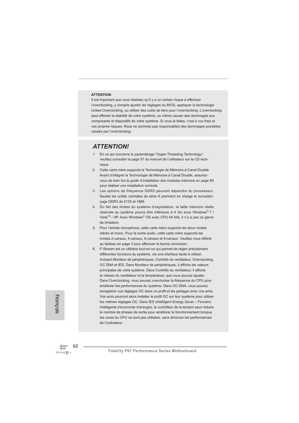 Attention, Français | ASRock Fatal1ty P67 Performance User Manual | Page 62 / 266