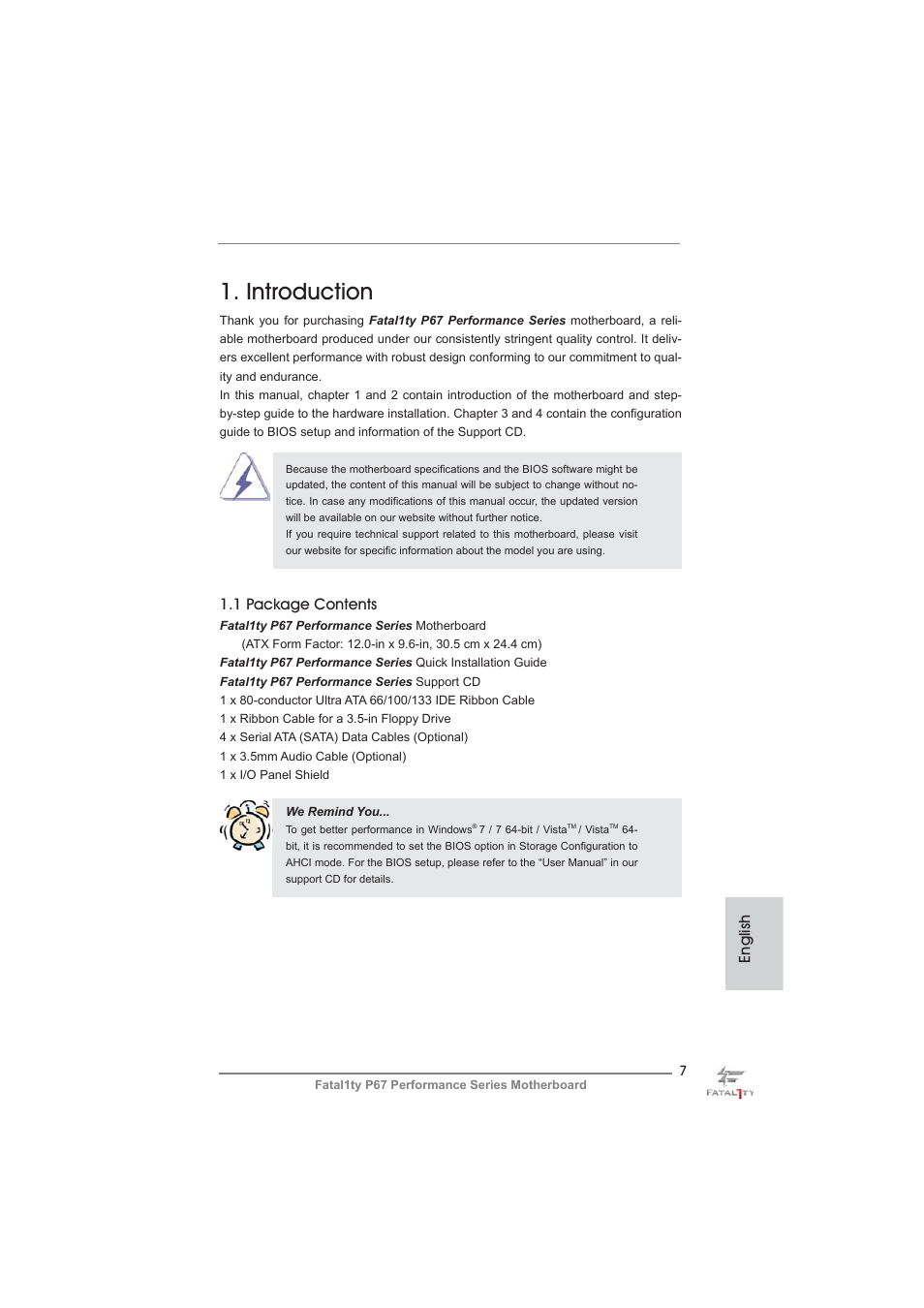 Introduction, English, 1 package contents | ASRock Fatal1ty P67 Performance User Manual | Page 7 / 266