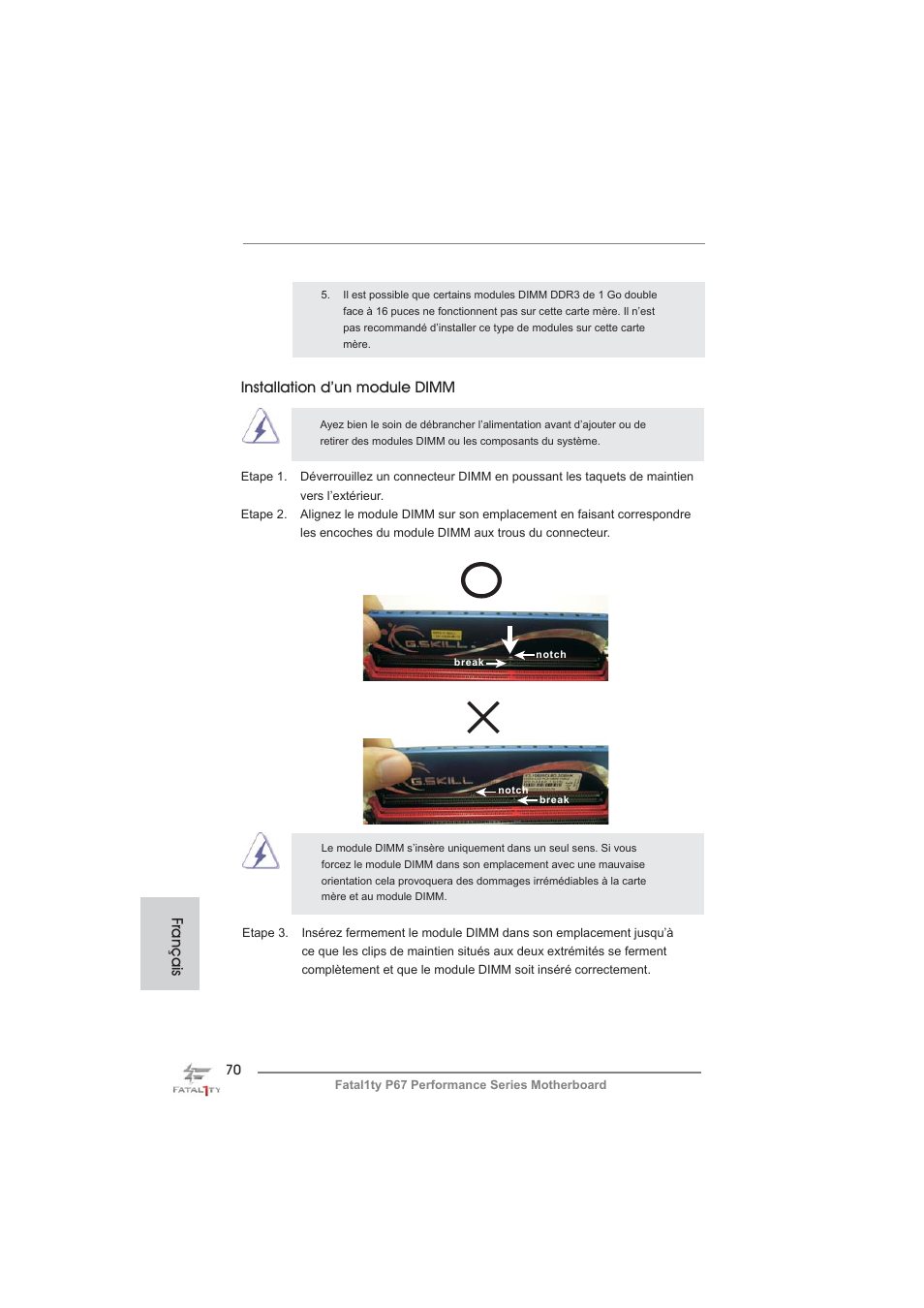 Français installation d’un module dimm | ASRock Fatal1ty P67 Performance User Manual | Page 70 / 266