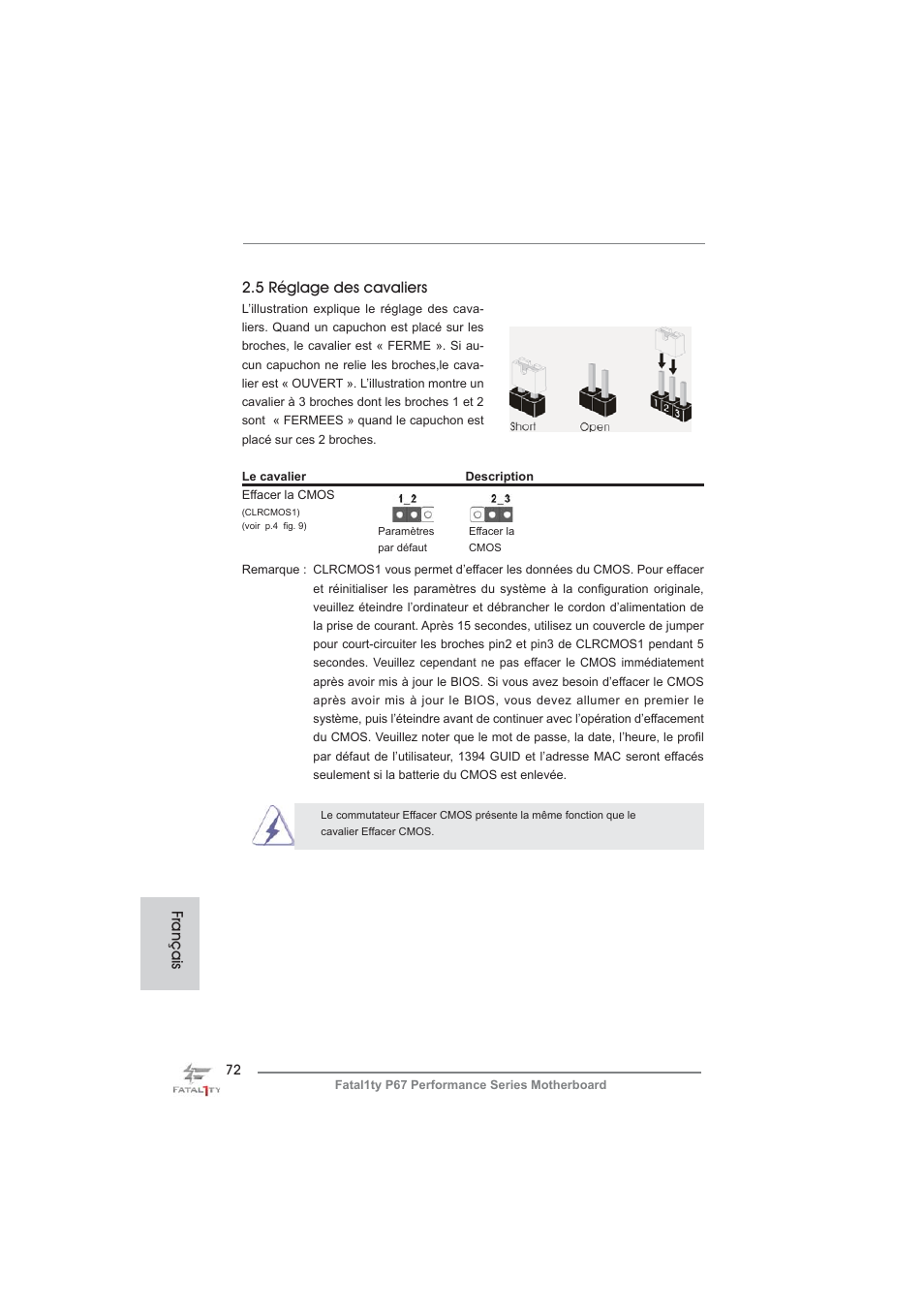 5 réglage des cavaliers, Français | ASRock Fatal1ty P67 Performance User Manual | Page 72 / 266