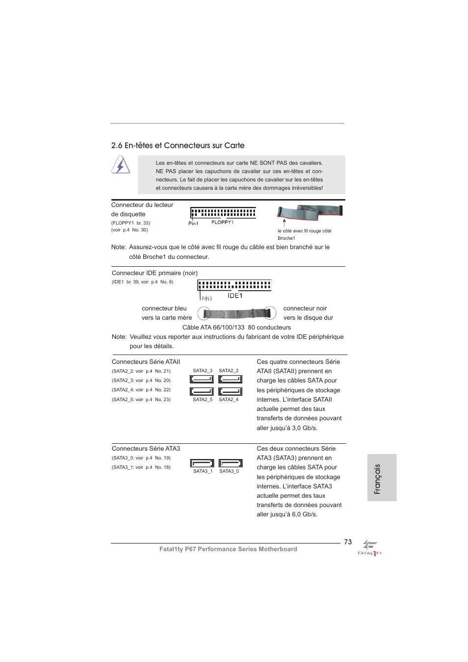 6 en-têtes et connecteurs sur carte, Français | ASRock Fatal1ty P67 Performance User Manual | Page 73 / 266