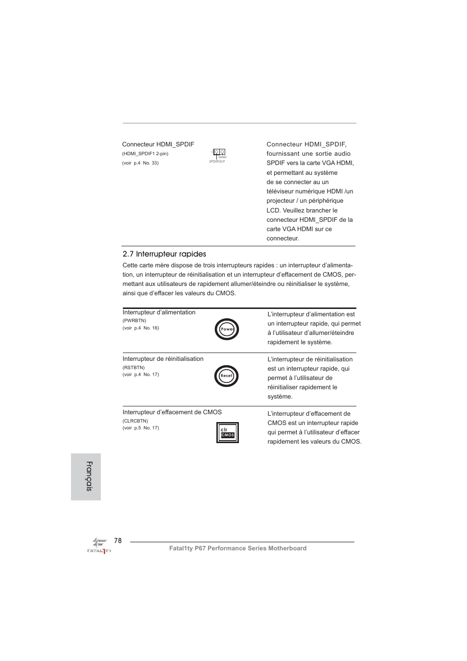 Français 2.7 interrupteur rapides | ASRock Fatal1ty P67 Performance User Manual | Page 78 / 266