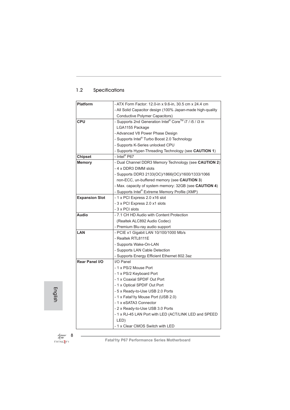 English 1.2 specifications | ASRock Fatal1ty P67 Performance User Manual | Page 8 / 266