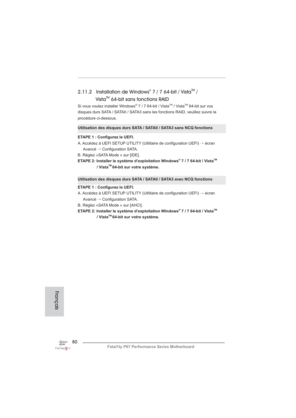2 installation de windows, 7 / 7 64-bit / vista, Vista | Bit sans fonctions raid, Français | ASRock Fatal1ty P67 Performance User Manual | Page 80 / 266