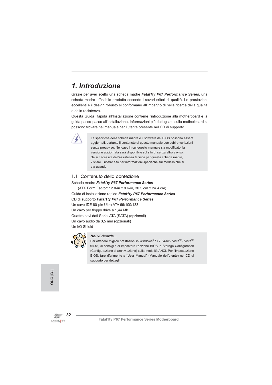 Italian, Introduzione, Italiano | 1 contenuto della confezione | ASRock Fatal1ty P67 Performance User Manual | Page 82 / 266