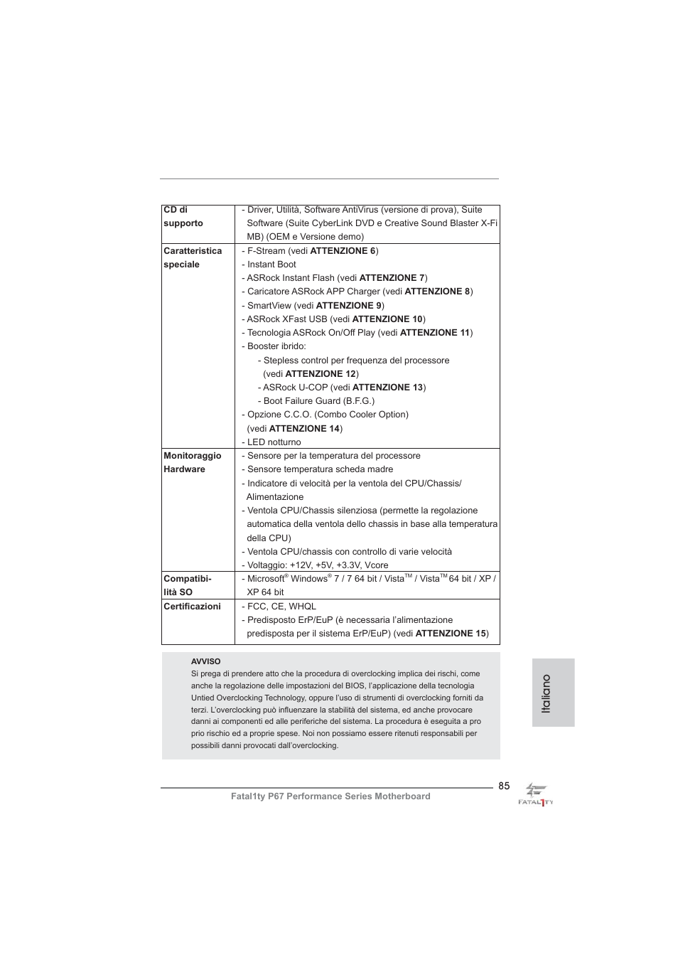 Italiano | ASRock Fatal1ty P67 Performance User Manual | Page 85 / 266